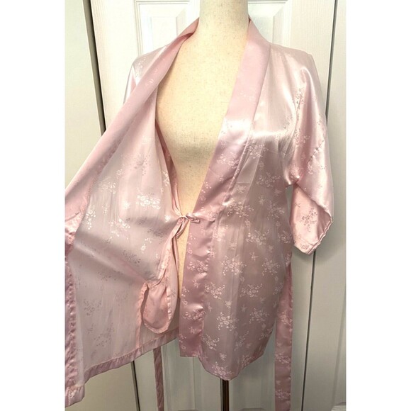 Vtg Frost Bros PINK Floral SATIN House Coat ROBE Short Mini Size Petite Small - Picture 6 of 8